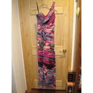 NEW deb Long One Shoulder Formal Dress Slit Beaded sz 5/6 Pink Blue Low Cut Back